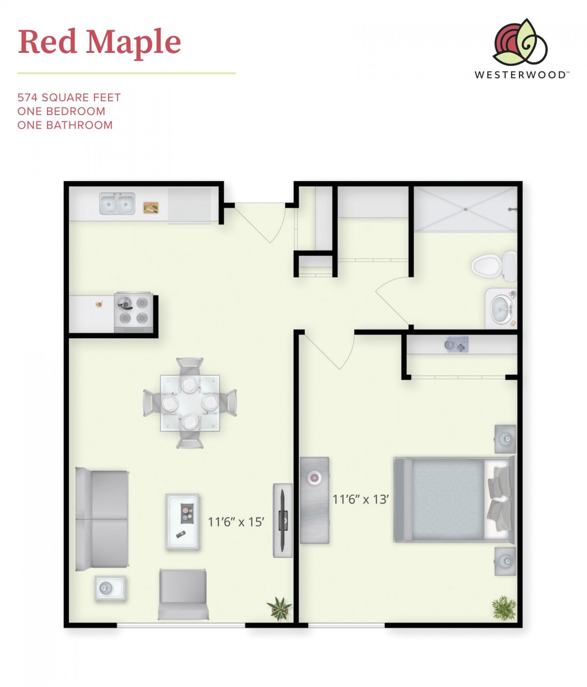 One-bedroom apartment floor plan with living room, dining area, and open kitchen.