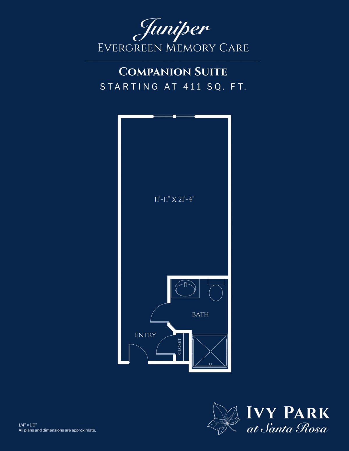 Blueprint of a companion suite starting at 412 sq. ft.