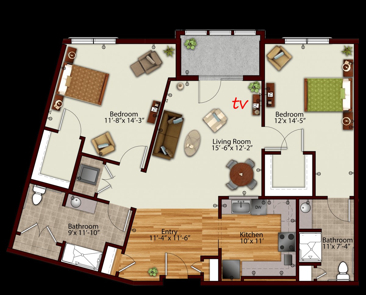 This is a floor plan of a two-bedroom apartment featuring a living room, kitchen, and bathroom.