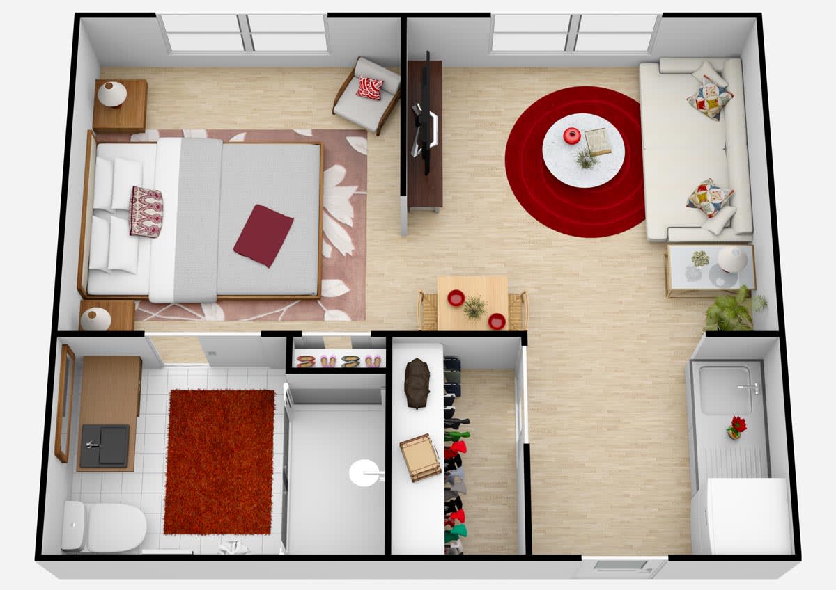 A detailed floor plan of a modern apartment featuring a living room, bedroom, and bathroom with stylish furniture and decor.