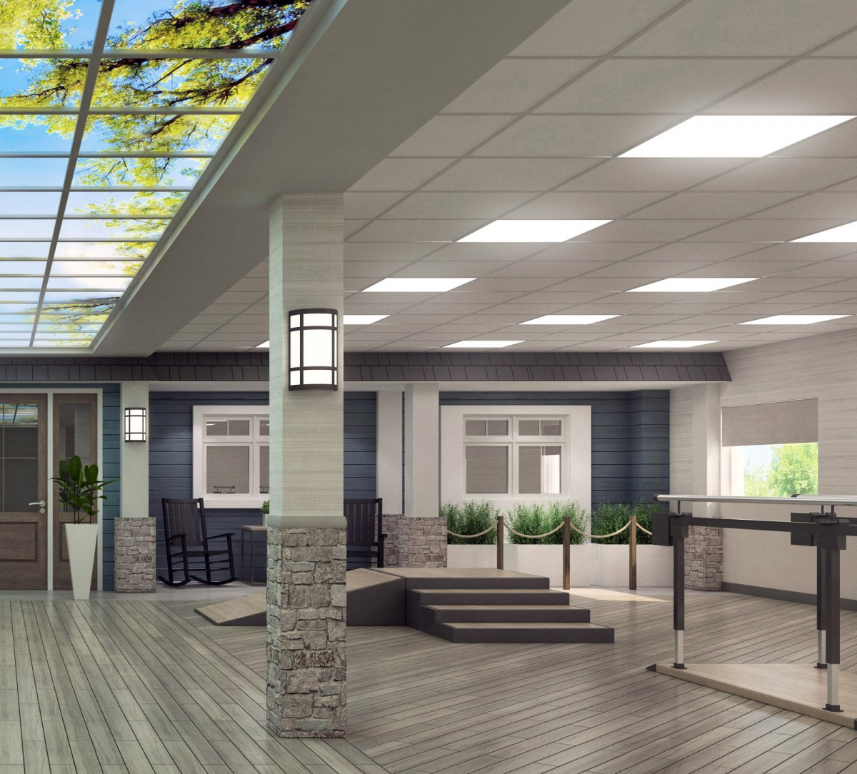 A modern open lobby with skylights and natural lighting.