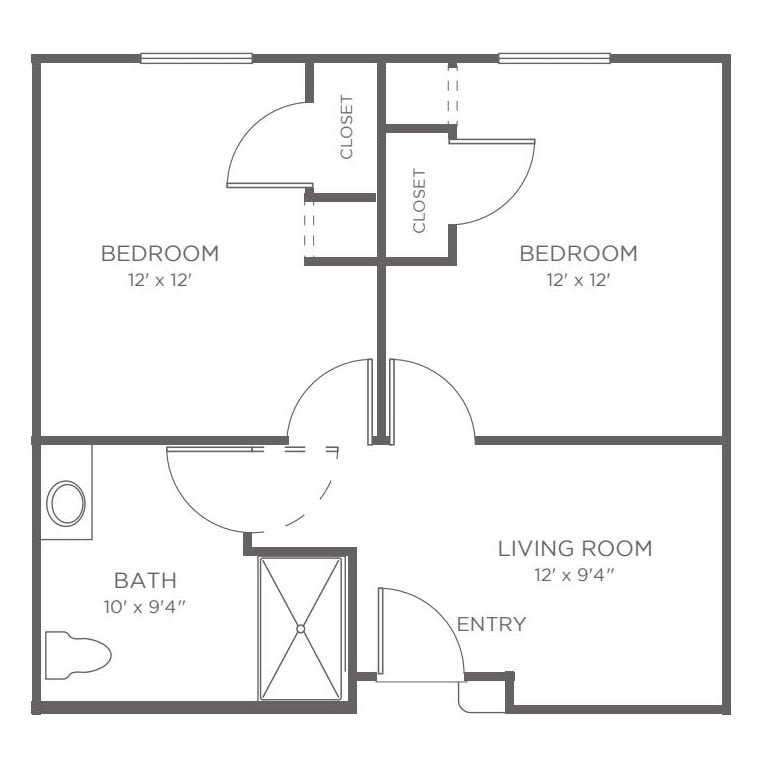 A floor plan of a two-bedroom apartment with a living room, bathroom, and entryway.