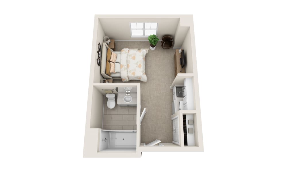 A 3D floor plan of a compact studio apartment with a bed, bathroom, and kitchenette.