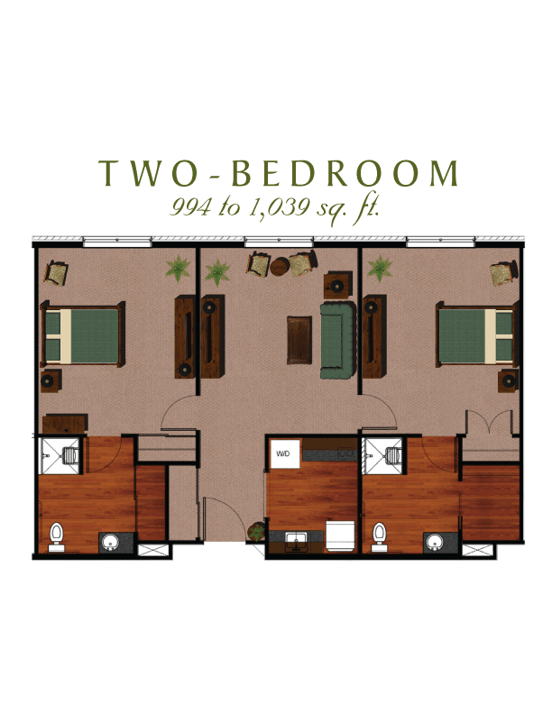 A floor plan of a two-bedroom apartment ranging from 903 to 1079 square feet.
