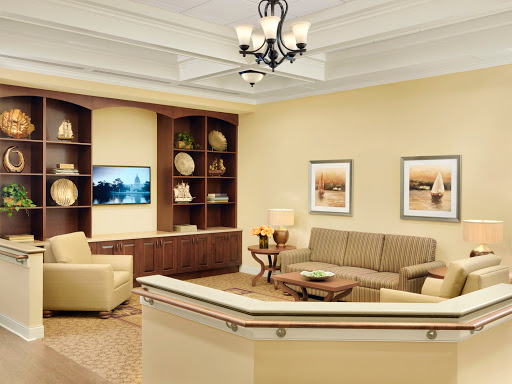 A cozy and modern waiting room featuring comfortable seating, decorative shelves, and soft lighting.