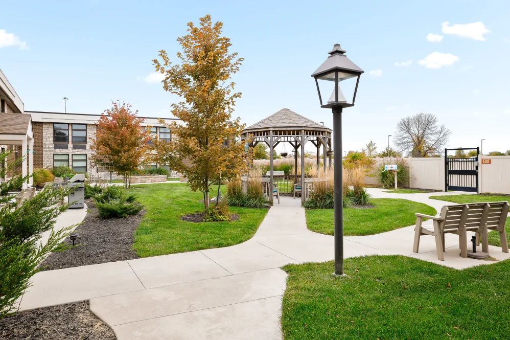 A peaceful garden with a gazebo, pathway, and lamp post surrounded by trees.