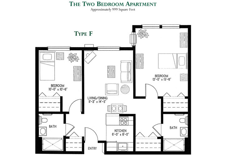 Two-bedroom apartment floor plan layout.