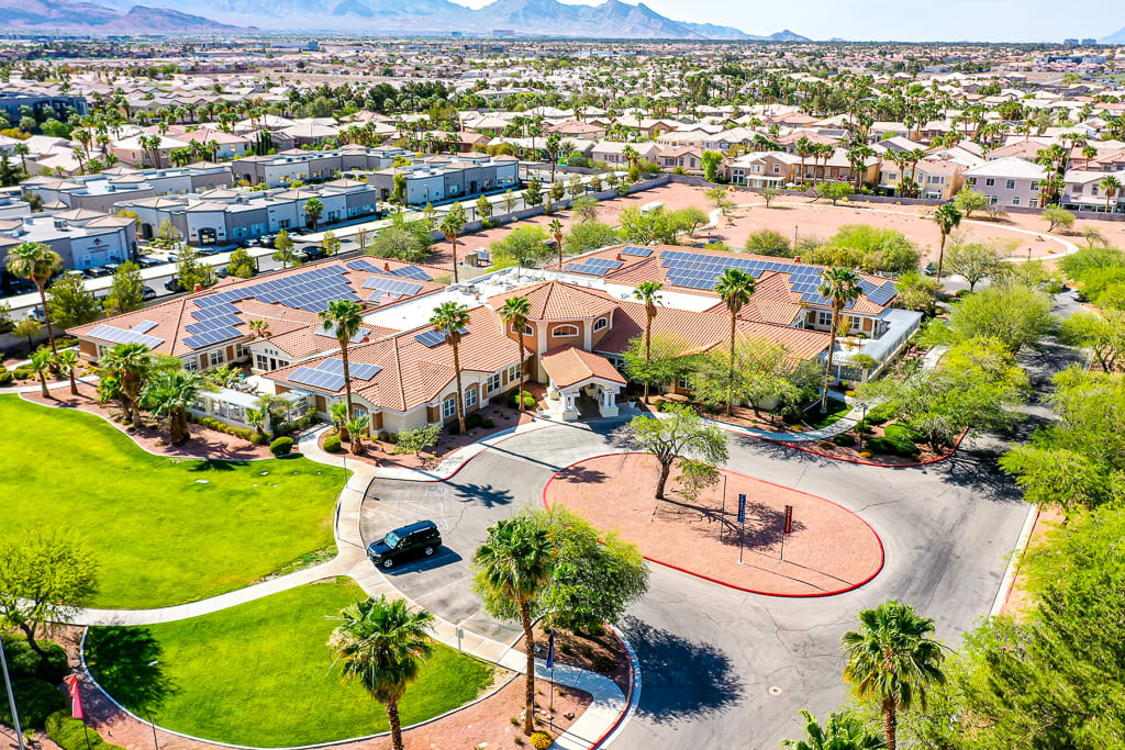 Aerial view of a suburban community with palm trees and solar-paneled roofs.