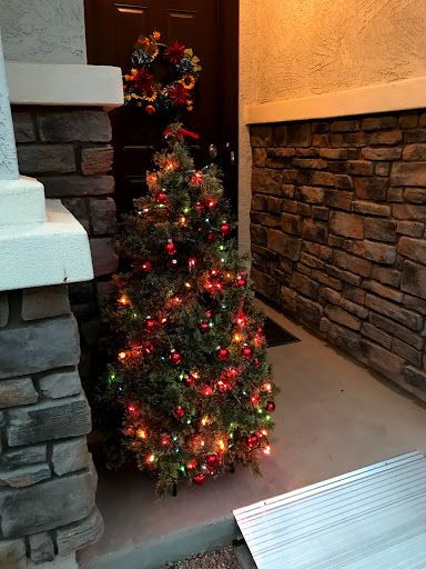 A beautifully decorated Christmas tree, adorned with lights and ornaments, positioned at the entrance.