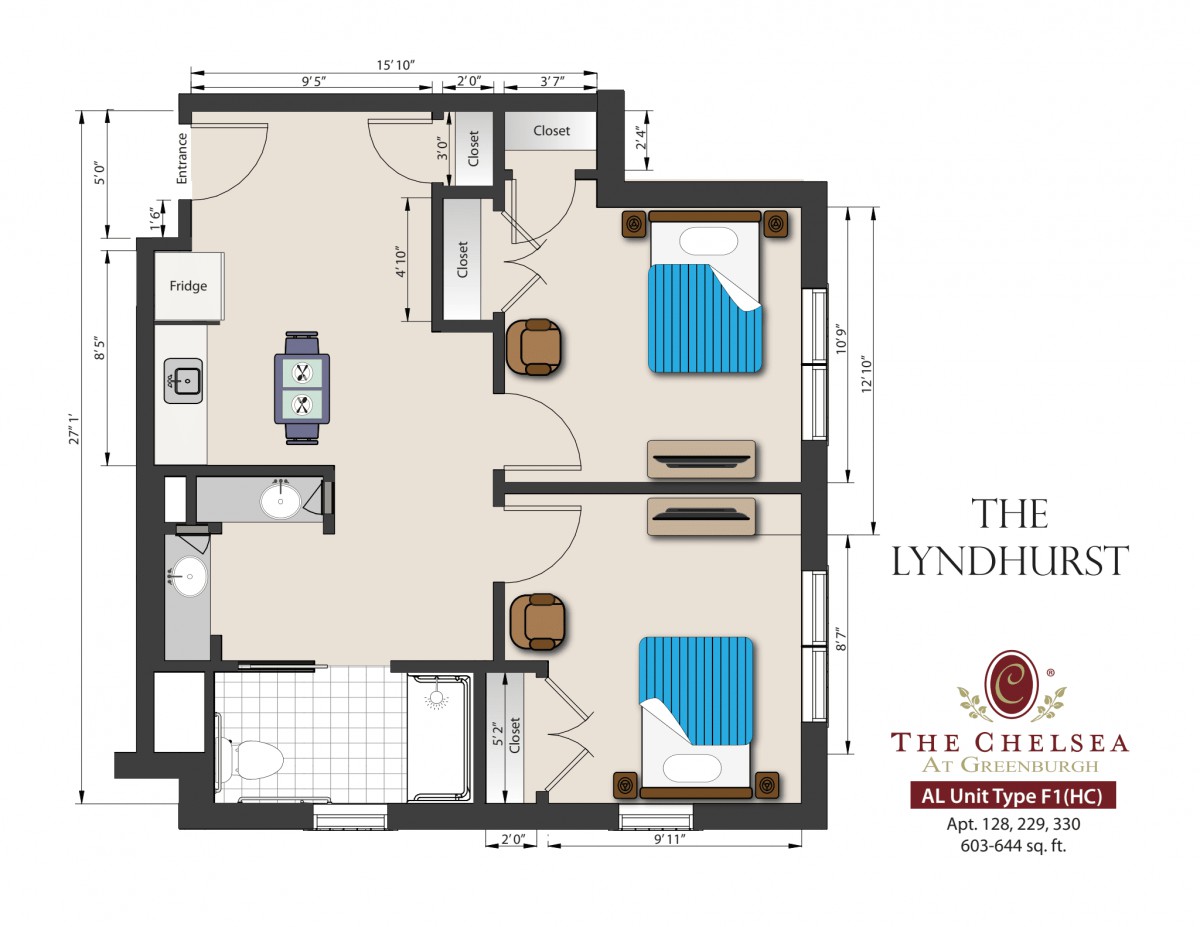 A detailed floor plan of a residential unit named 'The Lyndhurst' from The Greens, showcasing the layout of rooms and living spaces.