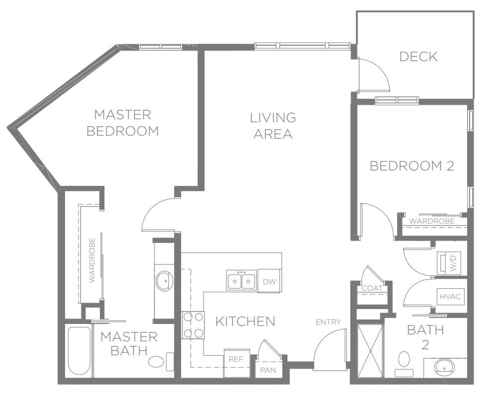 A floor plan of a two-bedroom apartment featuring a master bedroom with en-suite bathroom, additional bedroom and bathroom, living area, kitchen, and deck.