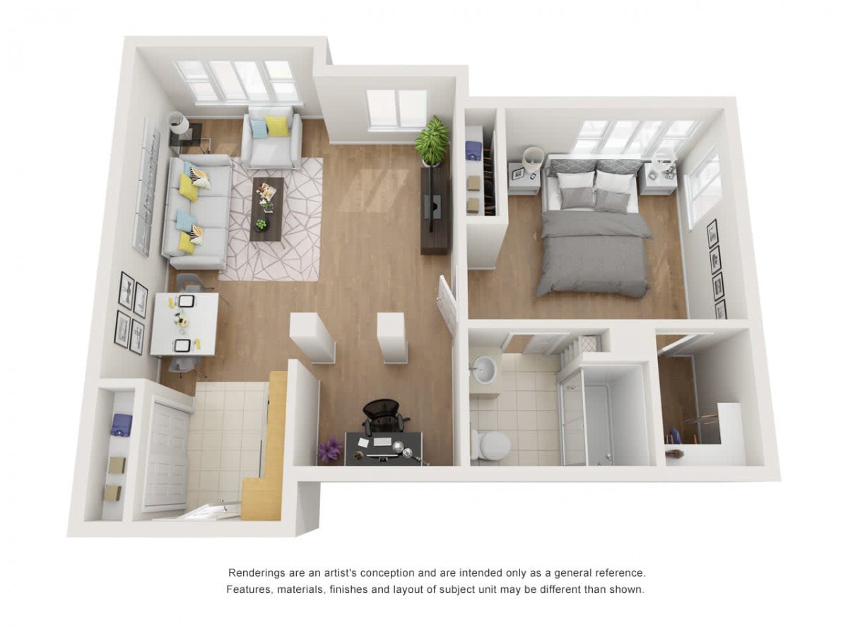 A 3D floor plan of a modern one-bedroom apartment with an open-concept living area.