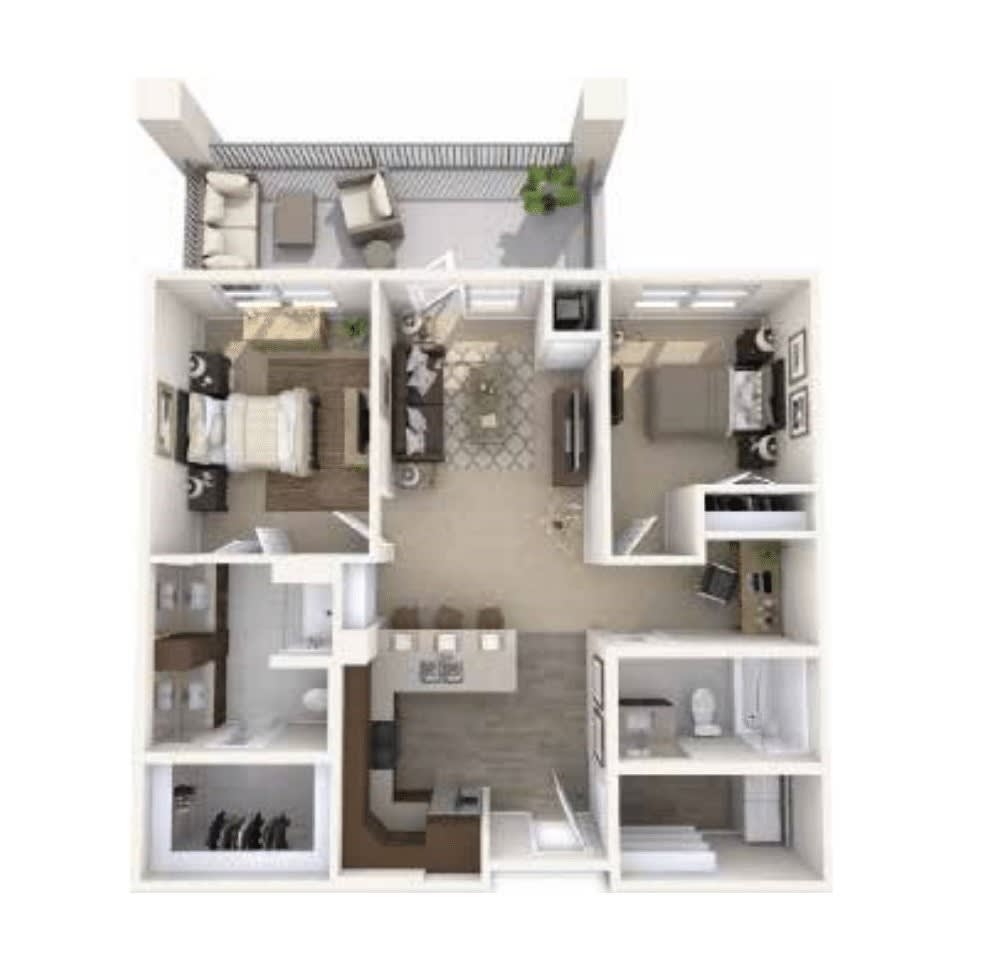 3D floor plan of a modern two-bedroom apartment.