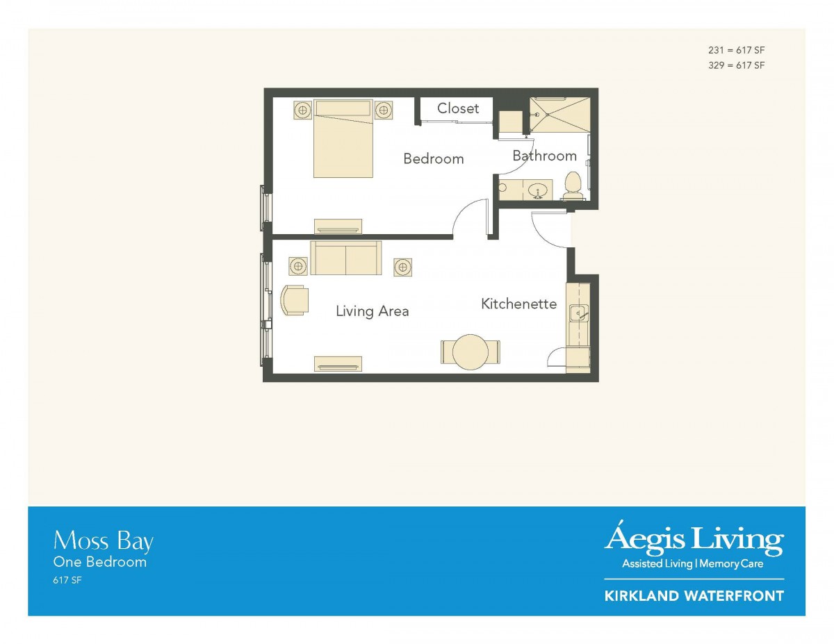 A floor plan depicting a single-bedroom apartment with a living area, kitchenette, and bathroom.