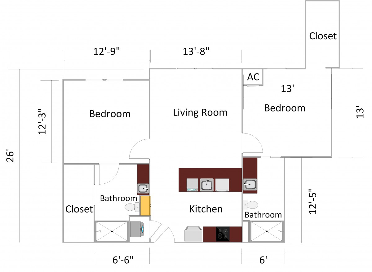 A floor plan of a two-bedroom apartment featuring a kitchen, living room, and two bathrooms.
