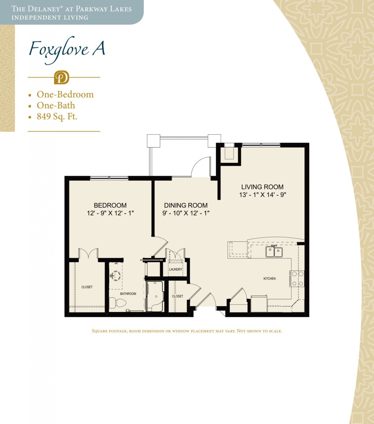 Layout of a one-bedroom, one-bathroom apartment with designated living room, kitchen, and dining areas.