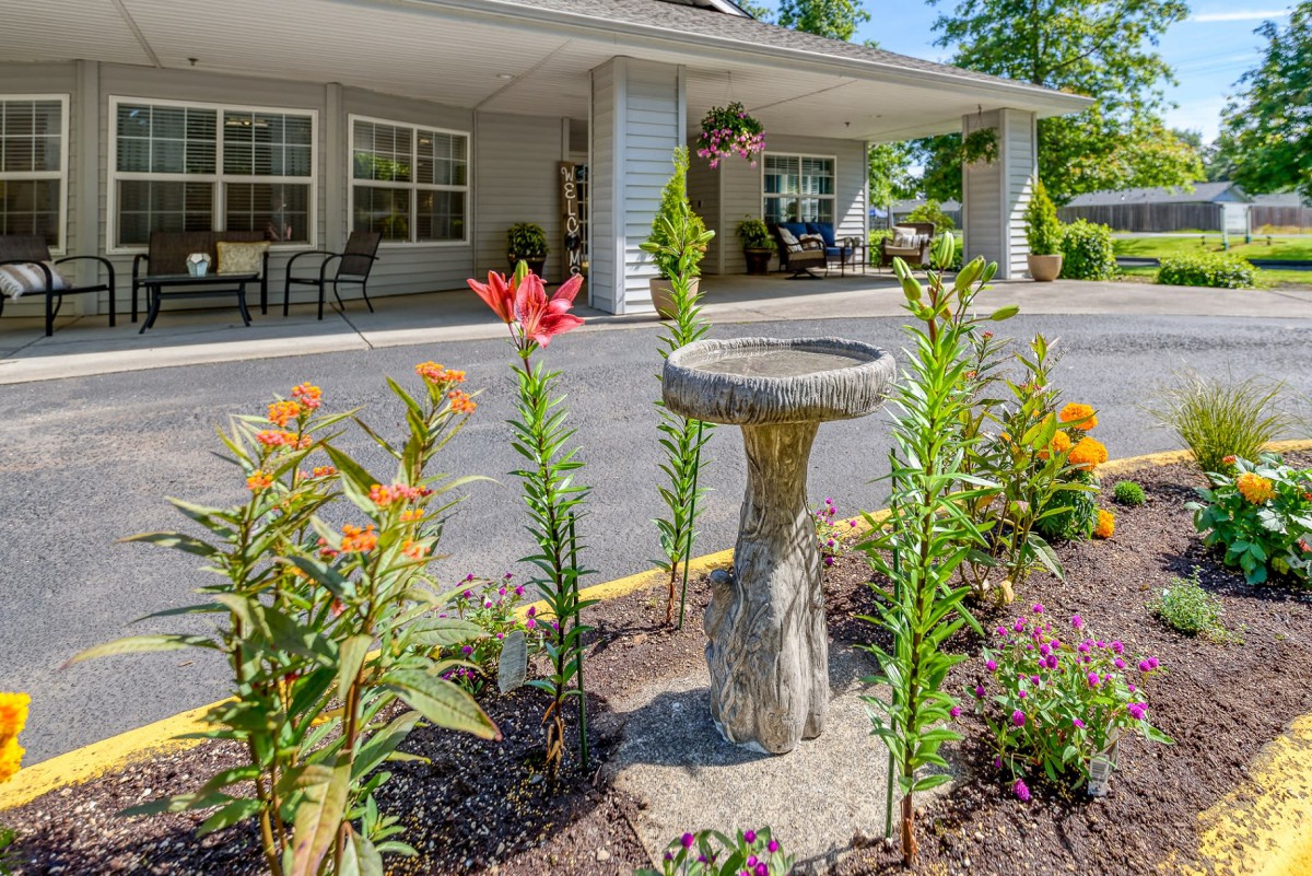 A well-maintained garden with a birdbath in front of a residential building.
