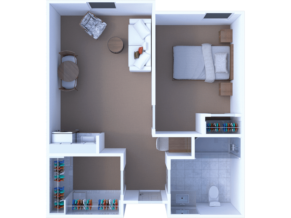 3D floor plan of a small apartment featuring a bedroom, living area, and bathroom.