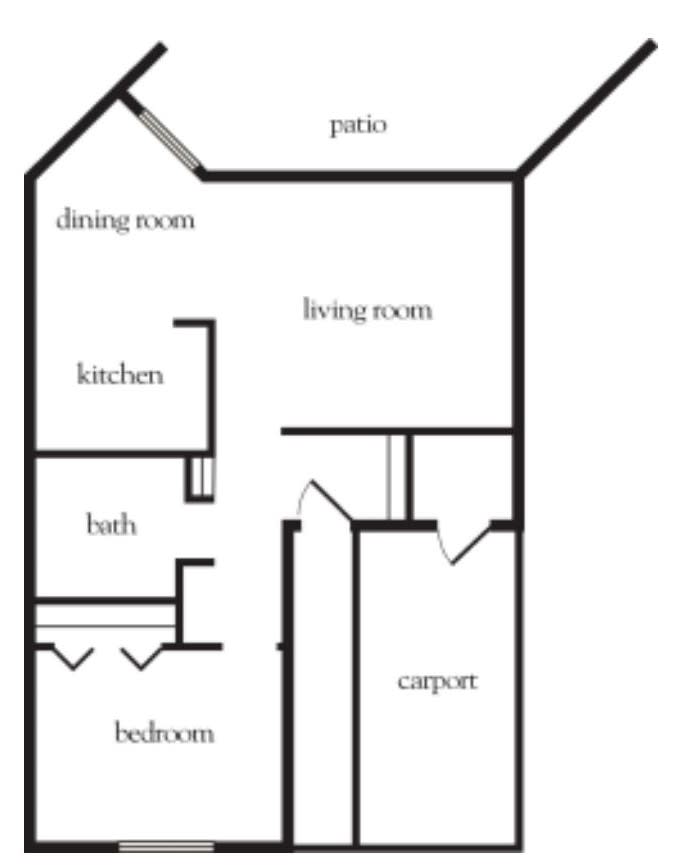 A simple floor plan featuring a dining room, kitchen, bath, bedroom, living room, patio, and carport.