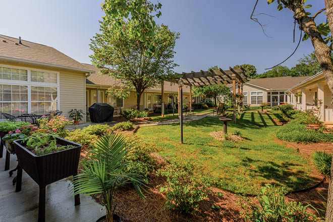 A serene backyard garden with lush greenery and a wooden pergola.