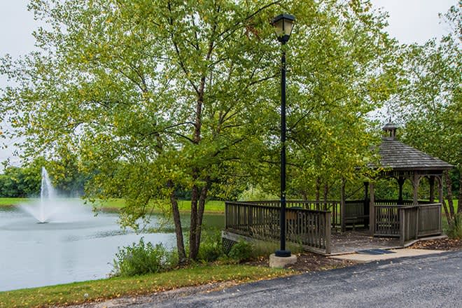 A serene pathway by a lake, featuring trees and a bridge under a lamp post in a park.