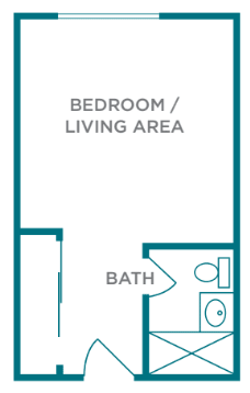Studio apartment floor plan with combined bedroom and living area, and a separate bathroom.