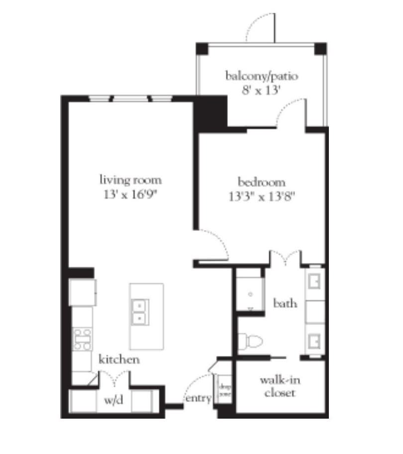 A compact one-bedroom apartment floor plan featuring a living room, kitchen, bedroom with walk-in closet, bathroom, and balcony.