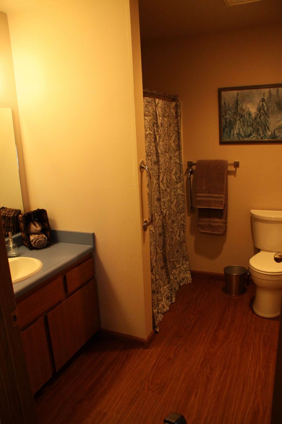 A bathroom featuring a sink with mirror, a shower with a patterned curtain, and a toilet.
