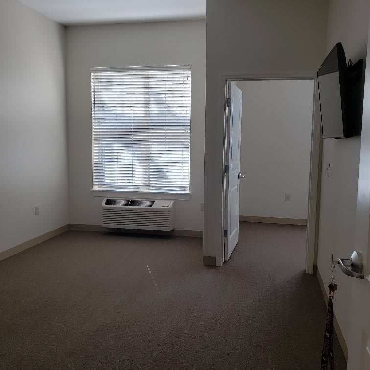 A minimalist, empty room with a window and carpeted floor.