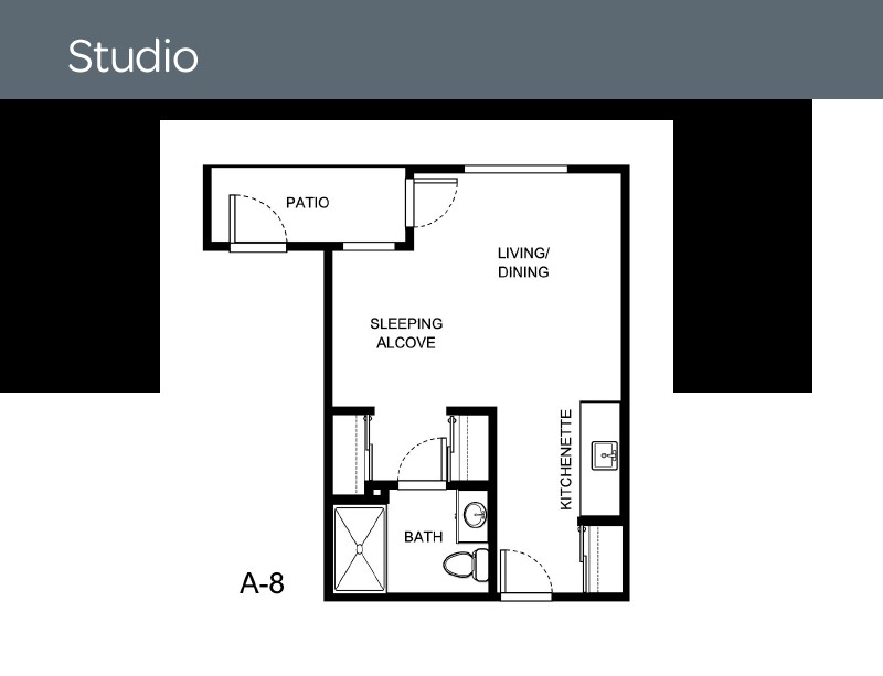 Studio apartment floor plan layout.