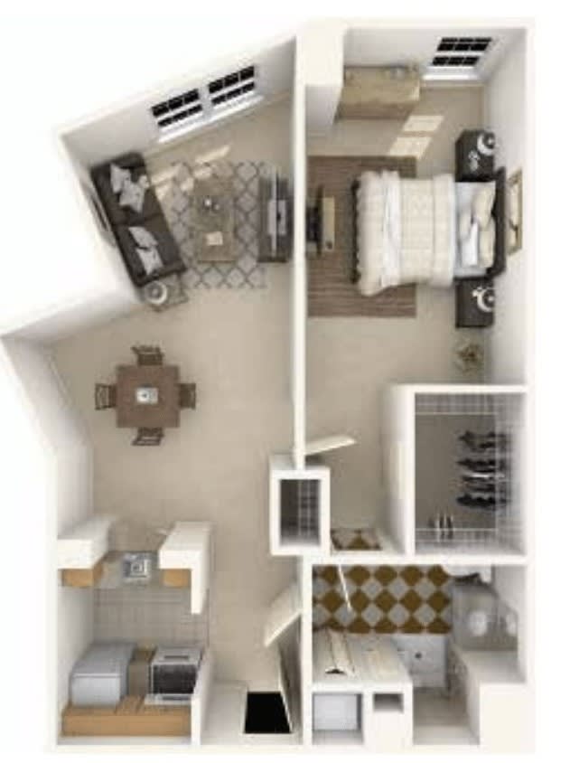 A 3D floor plan of a compact one-bedroom apartment featuring a living room, kitchen, dining area, and bedroom with an attached closet.