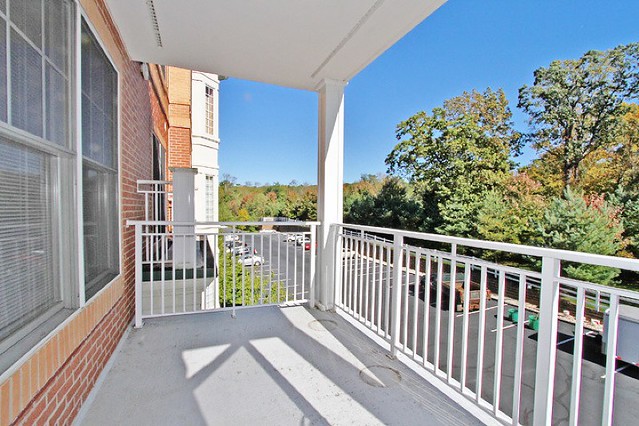 A sunny balcony with white railings overlooking a parking area and trees.