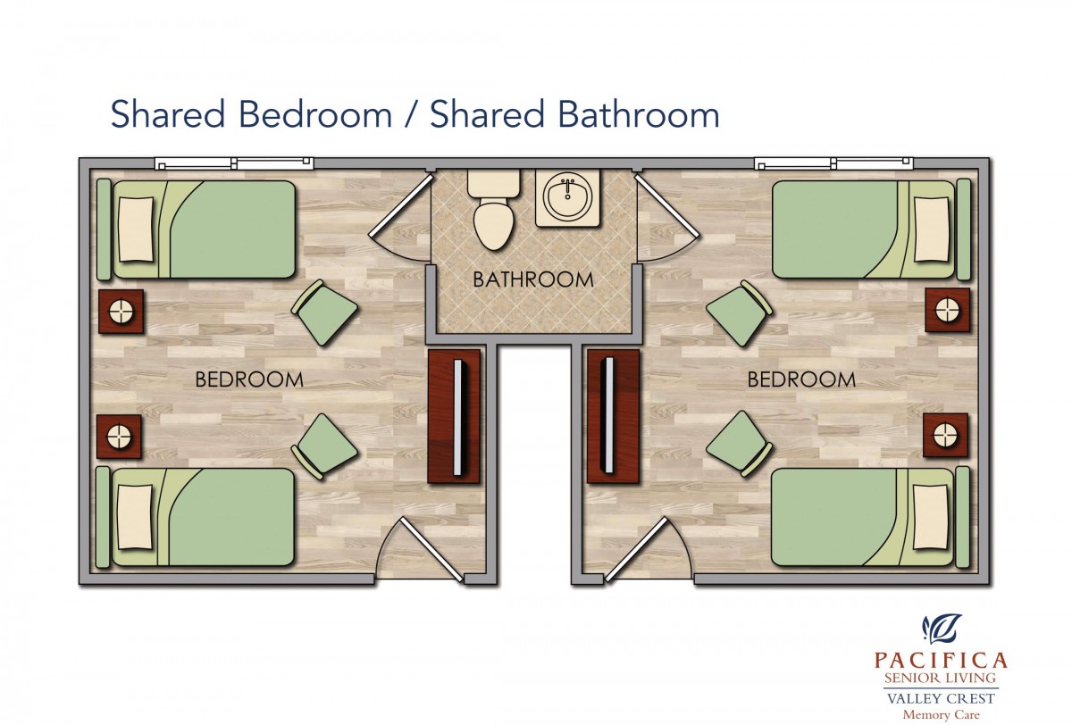 A floor plan depicting two shared bedrooms with a central shared bathroom.