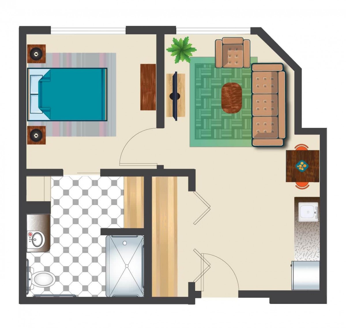 A simple floor plan of an apartment showing a living room, bedroom, kitchen, and bathroom.