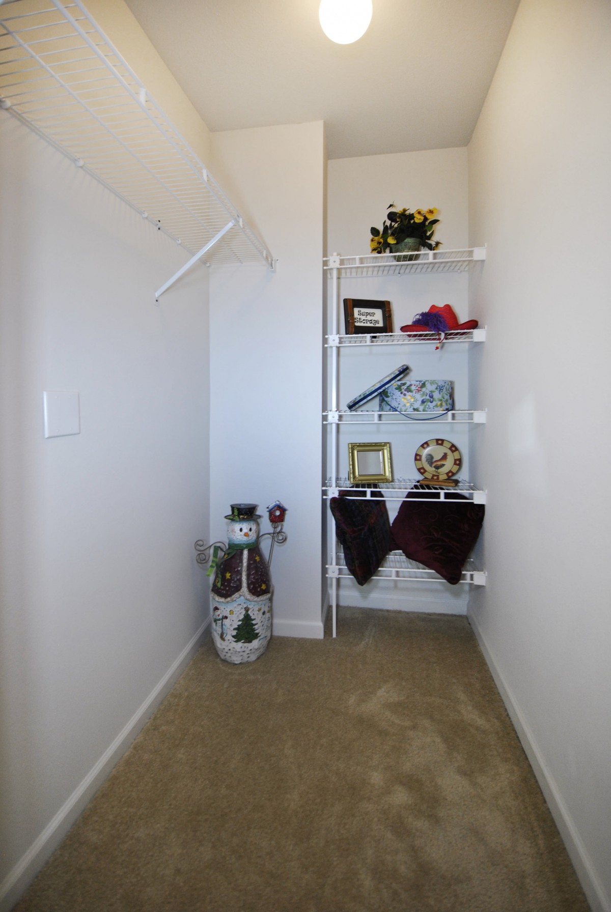 A small closet with shelves for storage and home decor items.