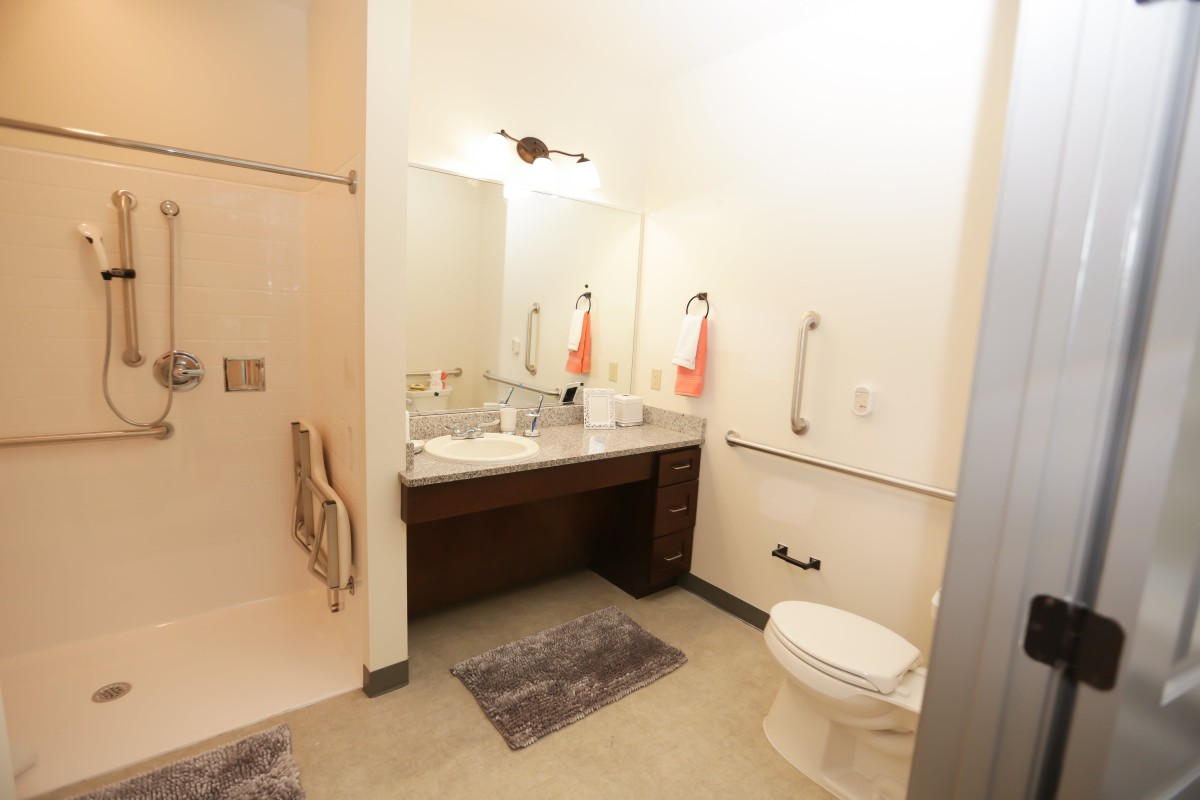 A modern bathroom with accessible features including grab bars and a walk-in shower.