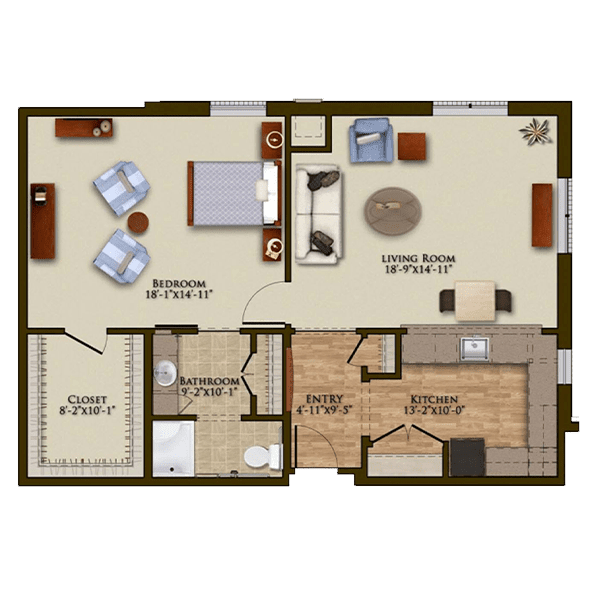 This image displays the floor plan of a two-bedroom apartment, featuring a living room, kitchen, and bathroom.