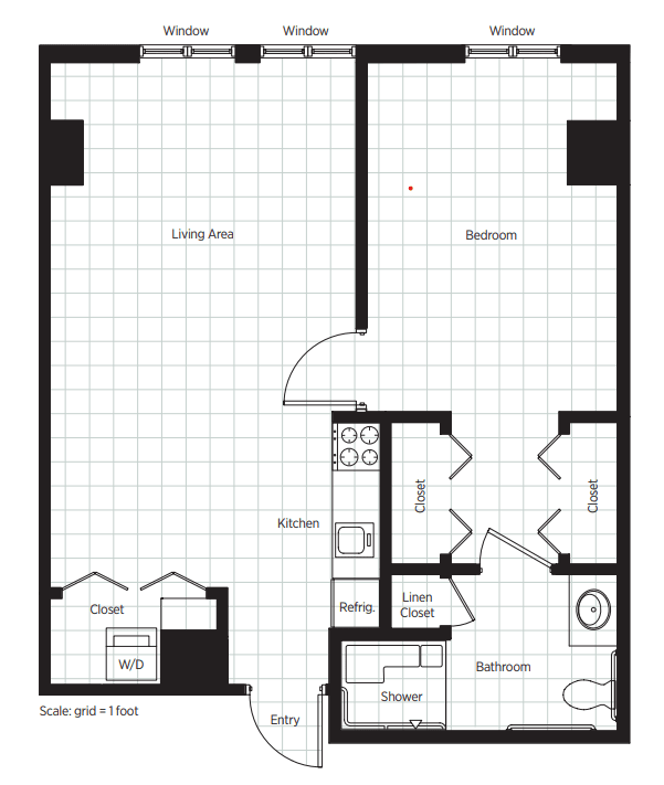 Floor plan of a one-bedroom apartment with living room, kitchen, and bathroom.