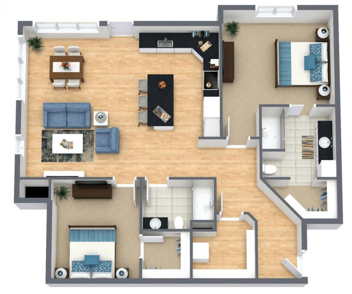 A 3D-rendered floor plan of a modern apartment with an open living area, two bedrooms, and a kitchen.