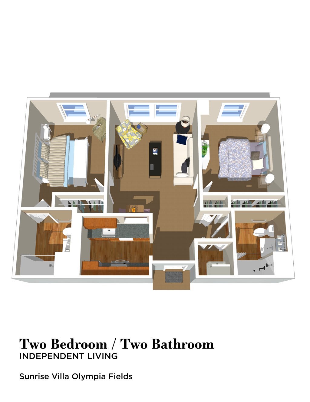 3D floor plan of a two-bedroom, two-bathroom apartment.