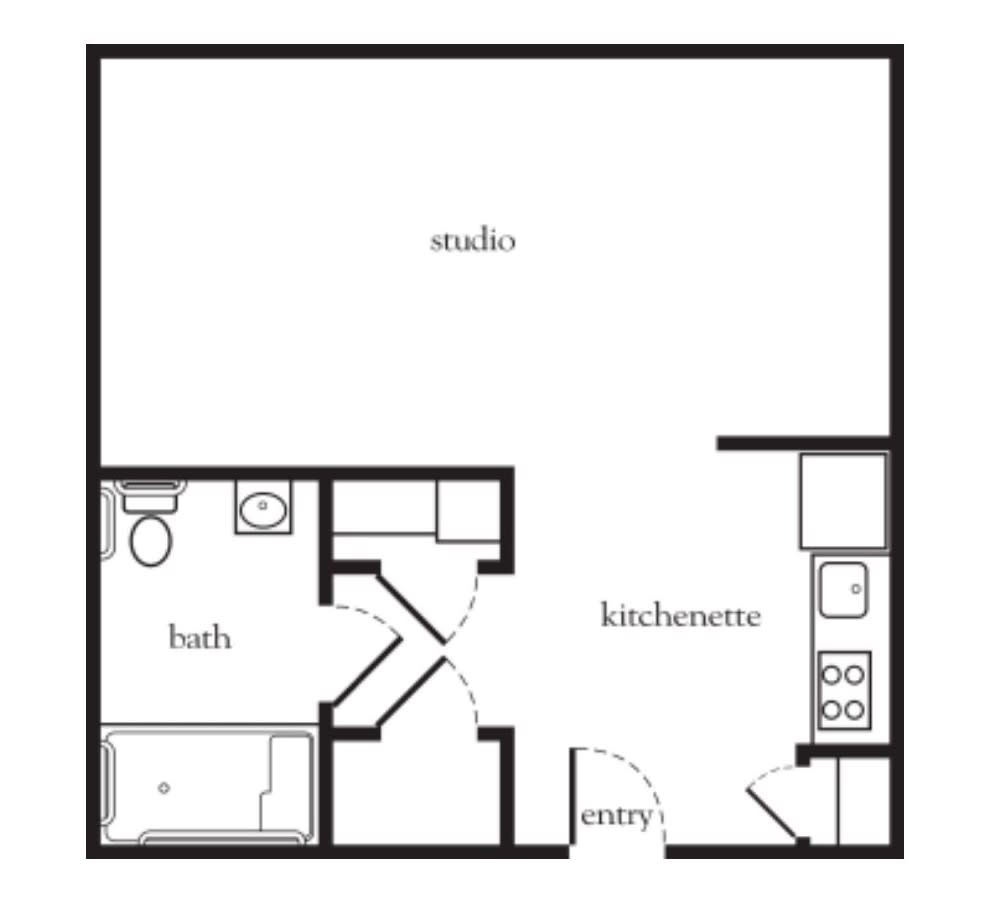 A floor plan of a studio apartment featuring a kitchenette and bathroom.
