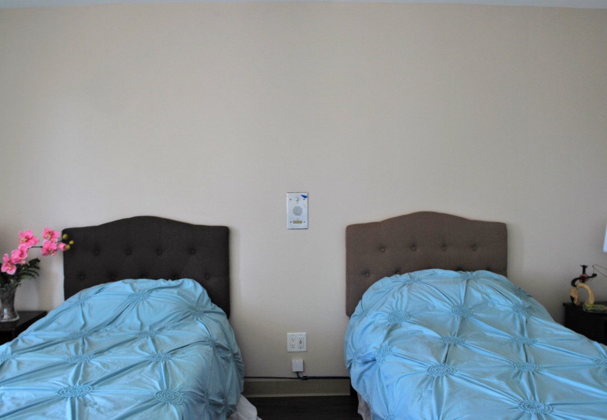 A minimalist bedroom with twin beds featuring blue bedding and simple headboards.