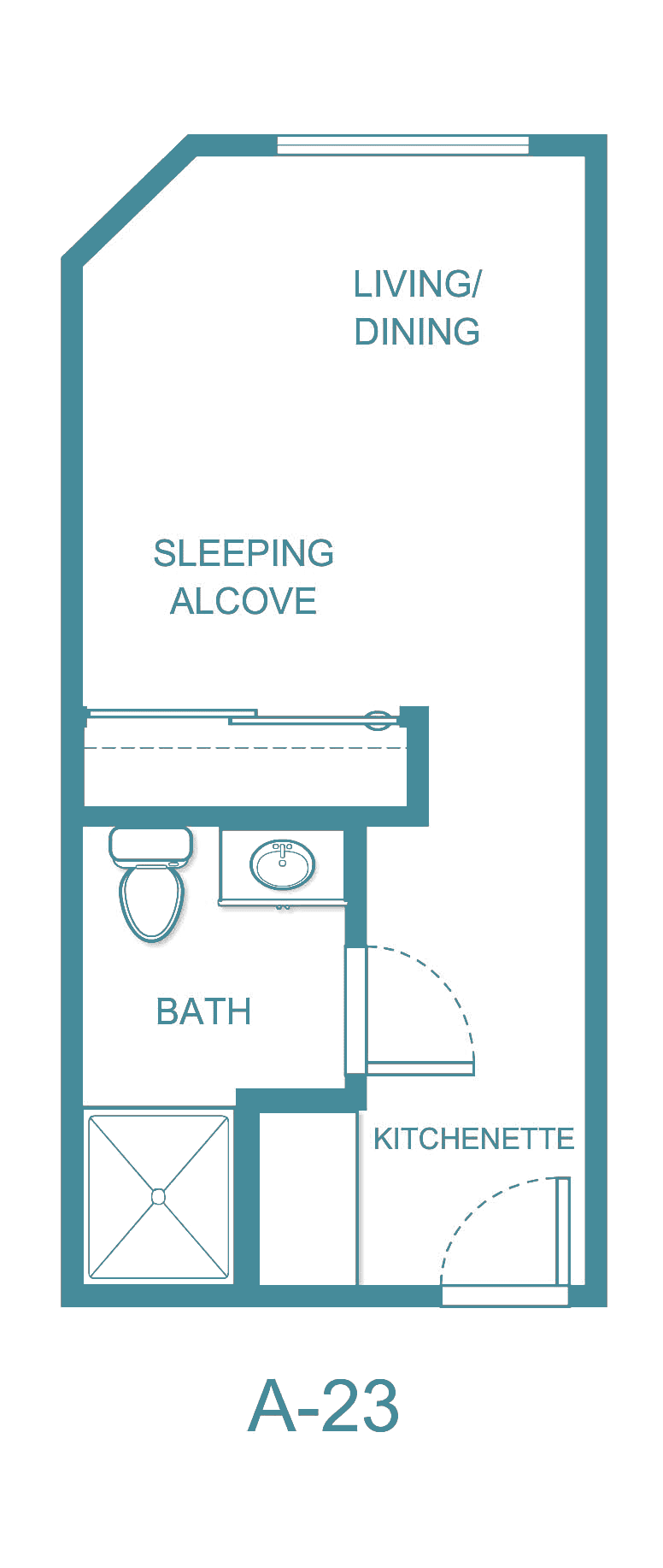 A simple floor plan showing a sleeping alcove and a bathroom.