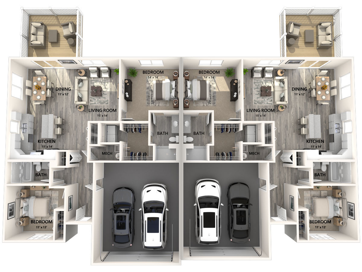 3D floor plan rendering showcasing a multi-unit apartment layout with garages.