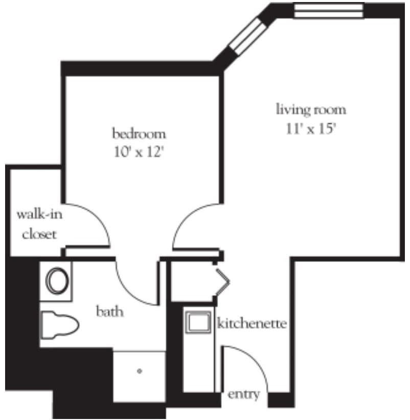 A floor plan of a one-bedroom apartment with a living room, kitchenette, bathroom, and walk-in closet.