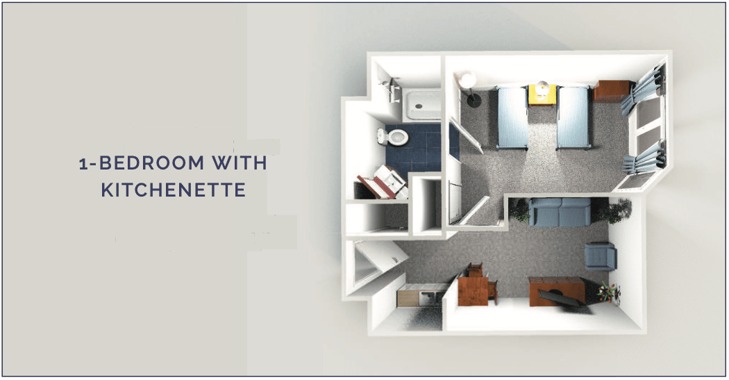 1-bedroom apartment floor plan with kitchenette.