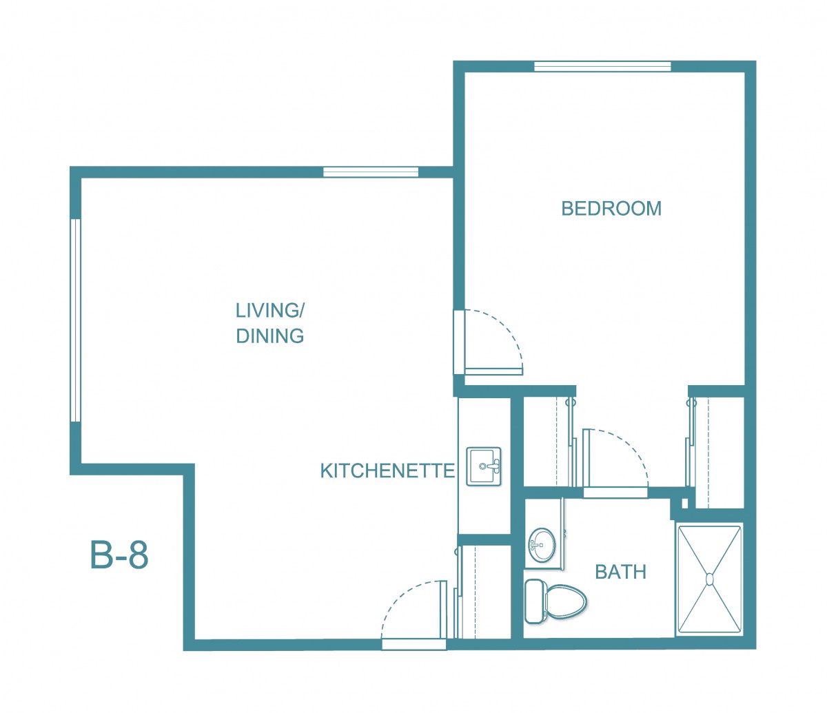 A floor plan showing a one-bedroom apartment with a living/dining area, kitchenette, and bathroom.
