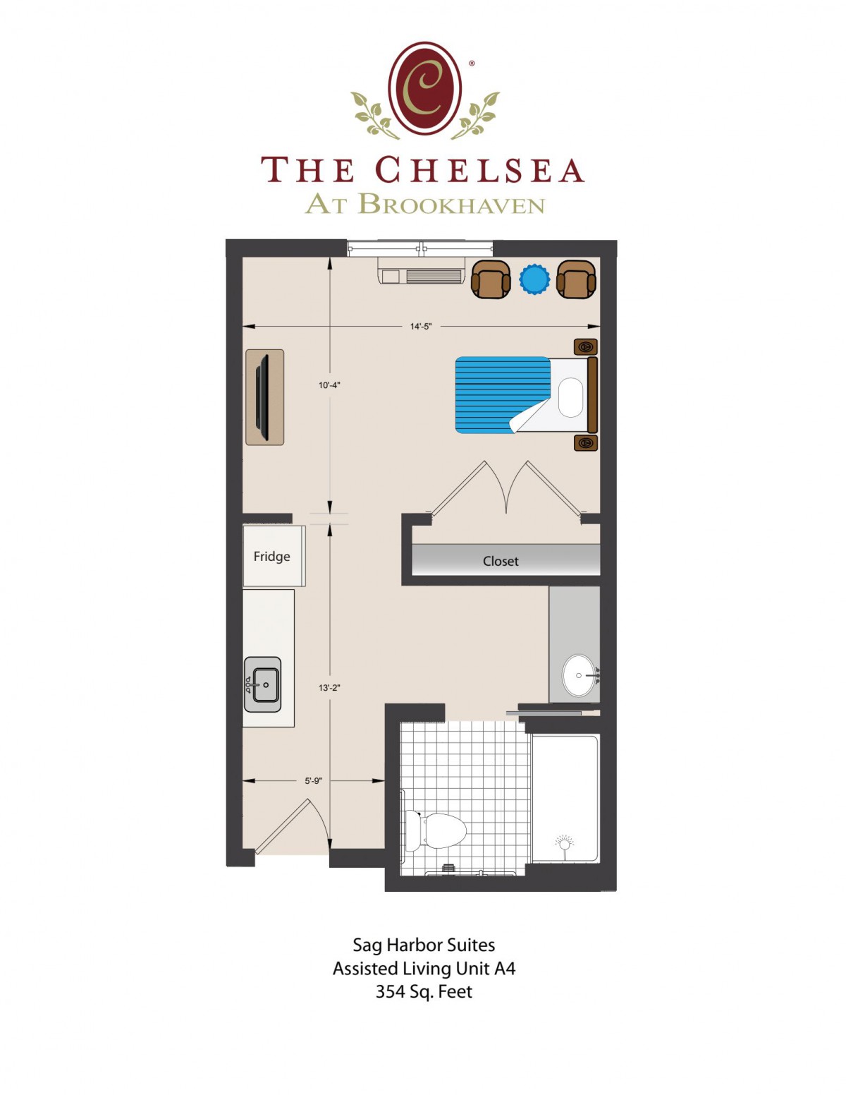 The floor plan of a studio apartment at The Chelsea.