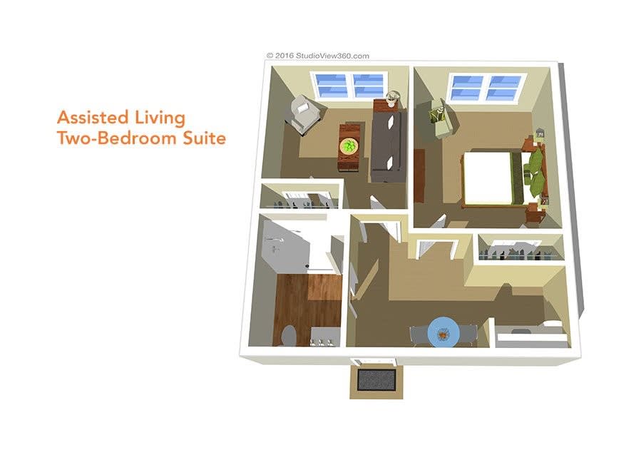 3D floor plan of an assisted living one-bedroom suite.