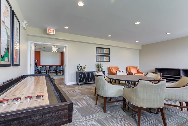 A modern lounge area with comfortable seating and stylish decor.